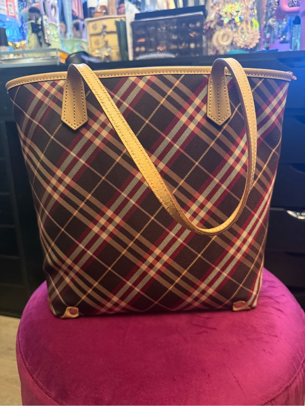 Burberry Brown Plaid Tote with Tan Leather Trim